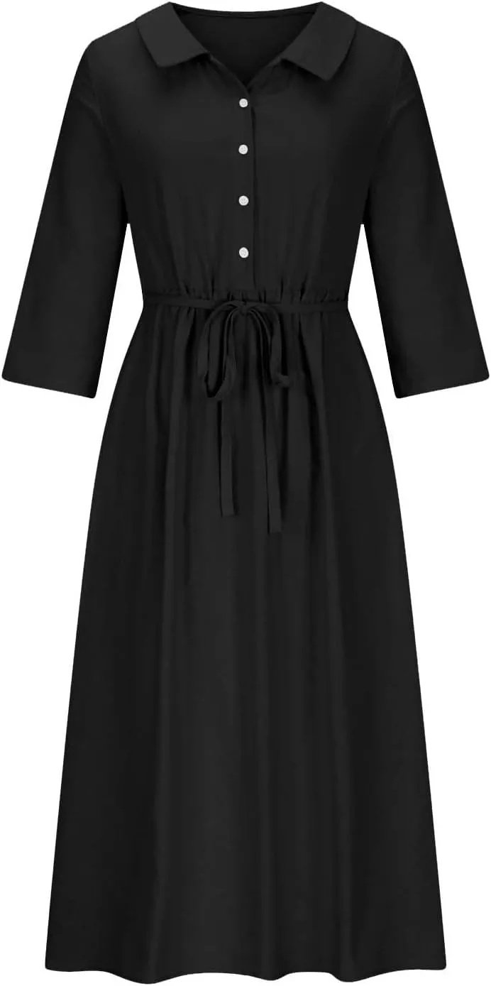 Summer Maxi Dresses Women's 2025 Plus Size Cotton Linen Dress 3/4 Sleeve Long Boho Spring Clothes Casual Resort Wears