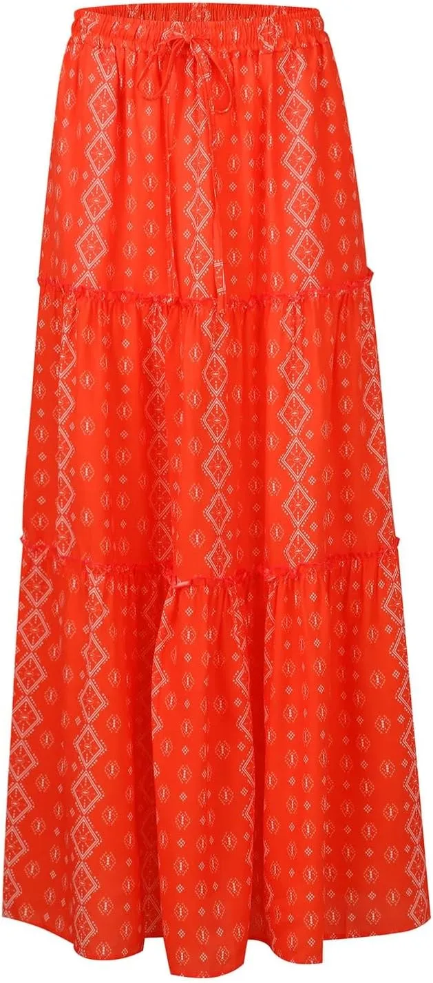 Summer Skirts for Women 2025 Vacation Pleated Long Skirt Maxi Length Tiered Swing Flowy Boho Beach Outfits w/Pockets