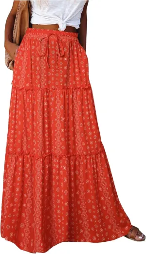 Summer Skirts for Women 2025 Vacation Pleated Long Skirt Maxi Length Tiered Swing Flowy Boho Beach Outfits w/Pockets