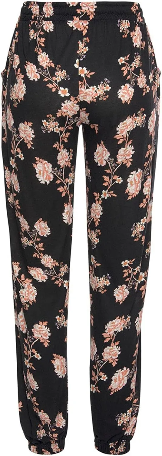 Summer Women Loose Casual Boho Beach Pants Easy Flower Printing Long Trousers High Waist Adjustable Drawstring