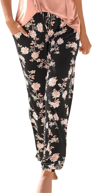 Summer Women Loose Casual Boho Beach Pants Easy Flower Printing Long Trousers High Waist Adjustable Drawstring