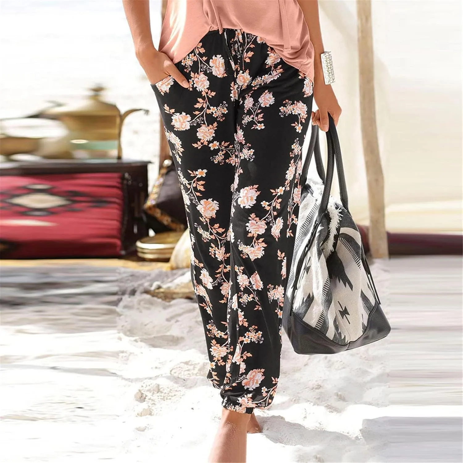 Summer Women Loose Casual Boho Beach Pants Easy Flower Printing Long Trousers High Waist Adjustable Drawstring