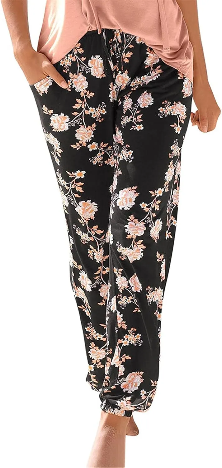 Summer Women Loose Casual Boho Beach Pants Easy Flower Printing Long Trousers High Waist Adjustable Drawstring
