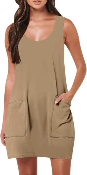 Sundresses for Women 2024 Sleeveless Solid Color Front Pocket Tank Dresses 2024 Summer Boho Beach Mini Dresses