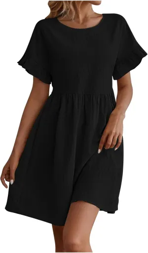 Sundresses for Women 2025 Cotton Linen Short Sleeve Crewneck Summer Dress Crewneck Beach Vacation Dresses