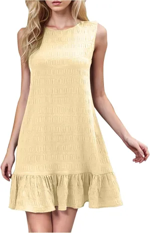 Sundresses for Women 2025 Summer Casual Round Neck Sleeveless Mini Dress Slim Fit Textured Ruffle Hem Tank Dress