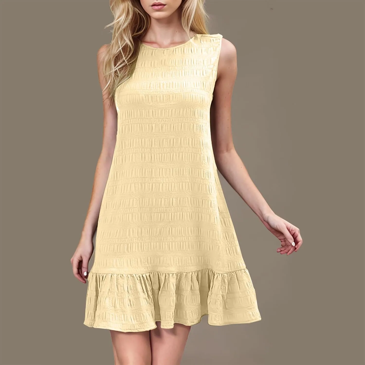 Sundresses for Women 2025 Summer Casual Round Neck Sleeveless Mini Dress Slim Fit Textured Ruffle Hem Tank Dress