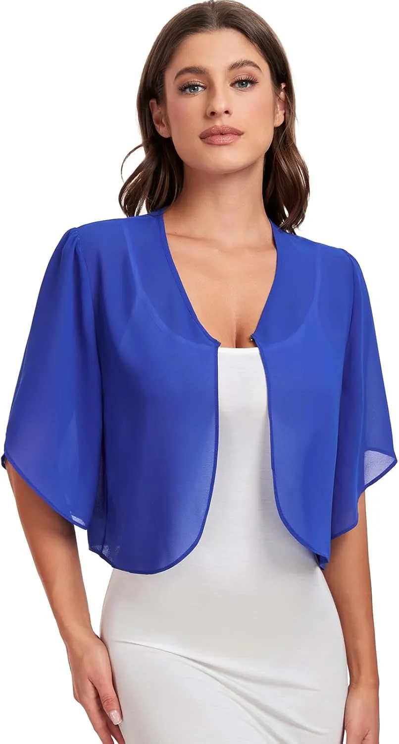 SURVODJA Womens Chiffon Cropped Cardigans Lightweight Sweaters Short Sleeve Bolero Shrugs for Dress