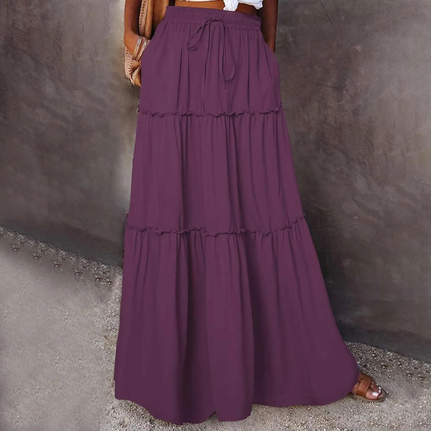 TANGNADE Womens Skirts Summer Casual Flowy High Waisted Tiered Maxi Skirt Spring Trendy Beach Ladies Skirts Long Length
