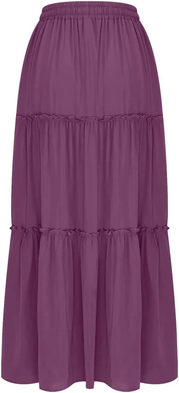 TANGNADE Womens Skirts Summer Casual Flowy High Waisted Tiered Maxi Skirt Spring Trendy Beach Ladies Skirts Long Length