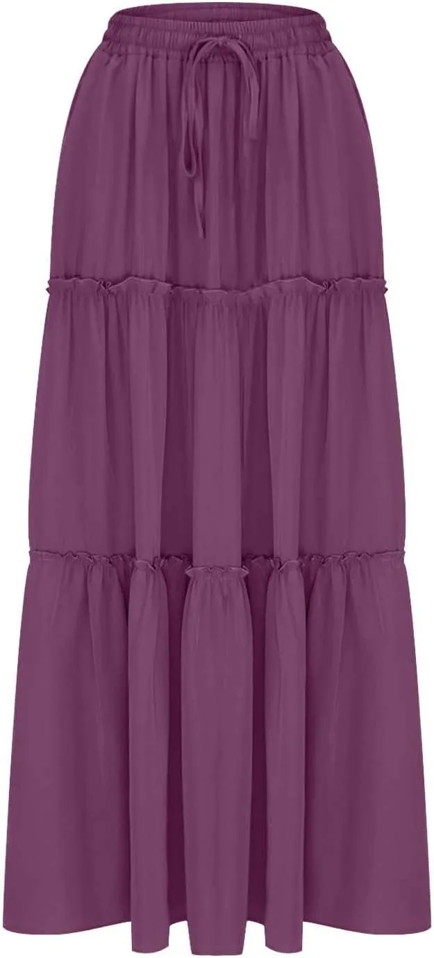 TANGNADE Womens Skirts Summer Casual Flowy High Waisted Tiered Maxi Skirt Spring Trendy Beach Ladies Skirts Long Length