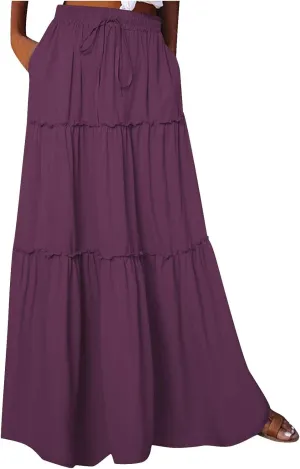 TANGNADE Womens Skirts Summer Casual Flowy High Waisted Tiered Maxi Skirt Spring Trendy Beach Ladies Skirts Long Length