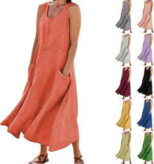 Tank Dresses for Women 2025 Casual Cotton Linen Beach Boho Sundresses Plus Size Sleeveless Loose Dress with Pockets