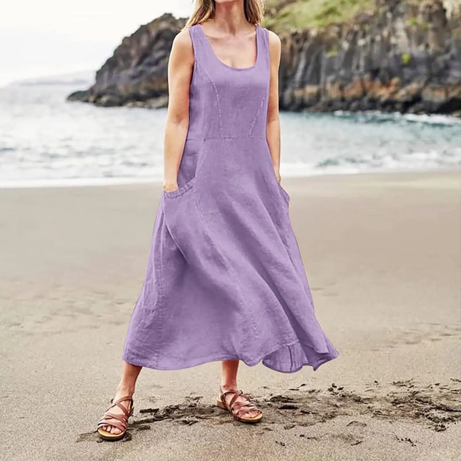 Tank Dresses for Women 2025 Casual Cotton Linen Beach Boho Sundresses Plus Size Sleeveless Loose Dress with Pockets
