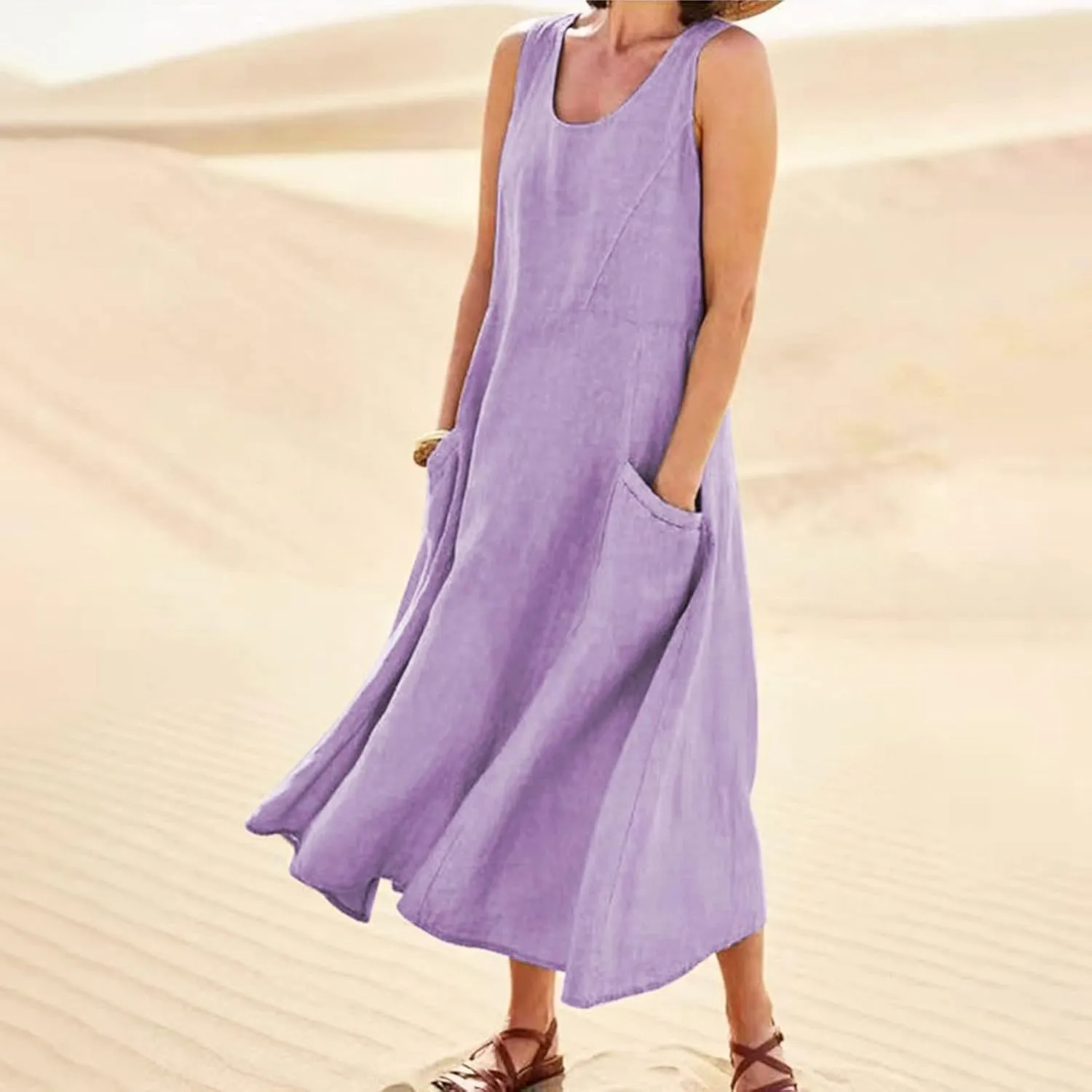 Tank Dresses for Women 2025 Casual Cotton Linen Beach Boho Sundresses Plus Size Sleeveless Loose Dress with Pockets