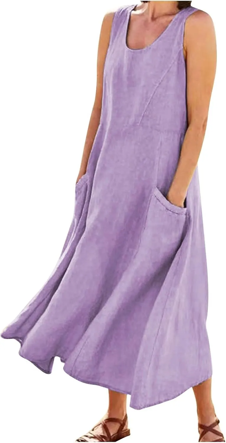 Tank Dresses for Women 2025 Casual Cotton Linen Beach Boho Sundresses Plus Size Sleeveless Loose Dress with Pockets