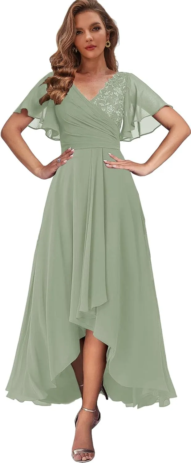 Tea Length Mother of The Bride Dresses with Sleeves High Low Evening Formal Dress for Women Wedding Guest