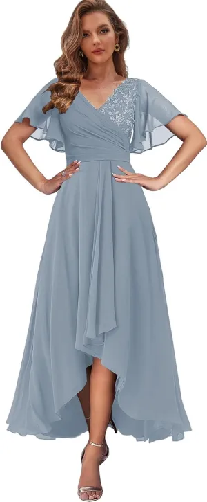 Tea Length Mother of The Bride Dresses with Sleeves High Low Evening Formal Dress for Women Wedding Guest