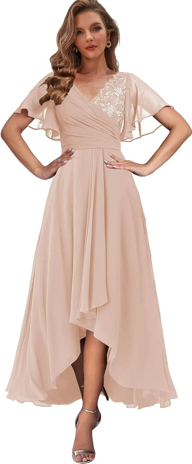 Tea Length Mother of The Bride Dresses with Sleeves High Low Evening Formal Dress for Women Wedding Guest