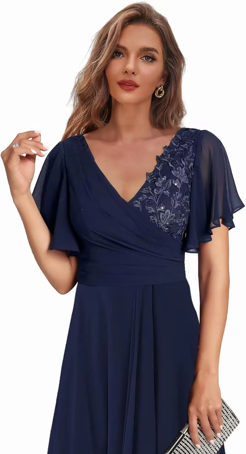 Tea Length Mother of The Bride Dresses with Sleeves High Low Evening Formal Dress for Women Wedding Guest