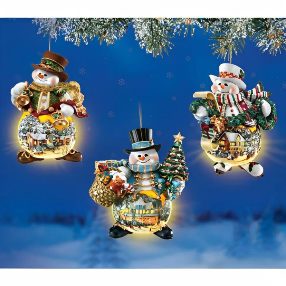 The Ashton-Drake Galleries Memories of Christmas Snowman Ornament Collection Issue #1 Set of 3 Christmas Decoration by Thomas Kinkade 4-inches