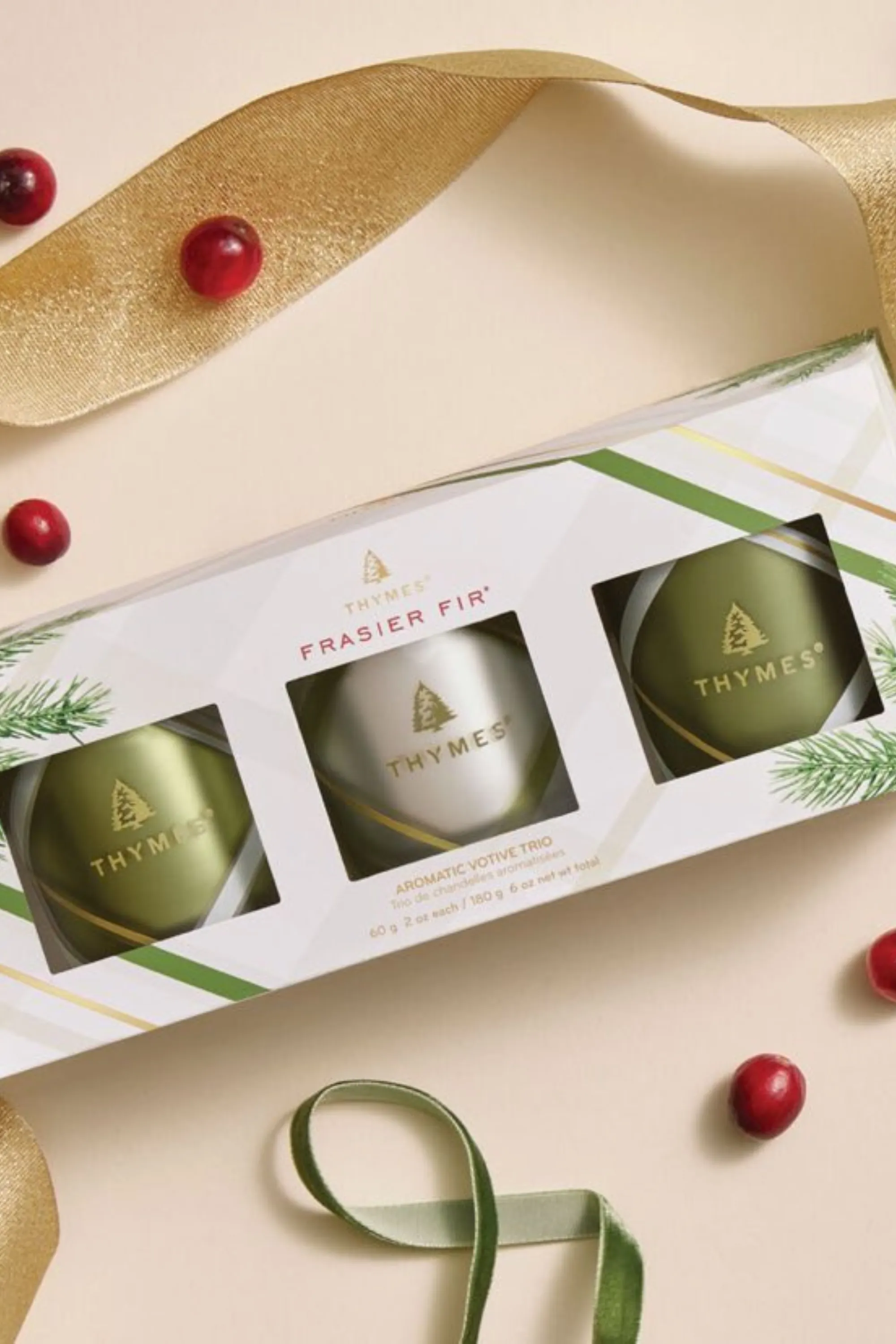 Thymes Frasier Fir Frosted Plaid Votive Trio