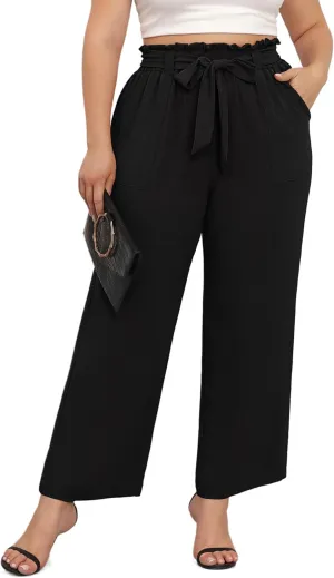 TIANZHU Plus Size Pants for Women - Wide Leg Linen Pants High Waisted Flowy Casual Lounge Trousers with Pockets