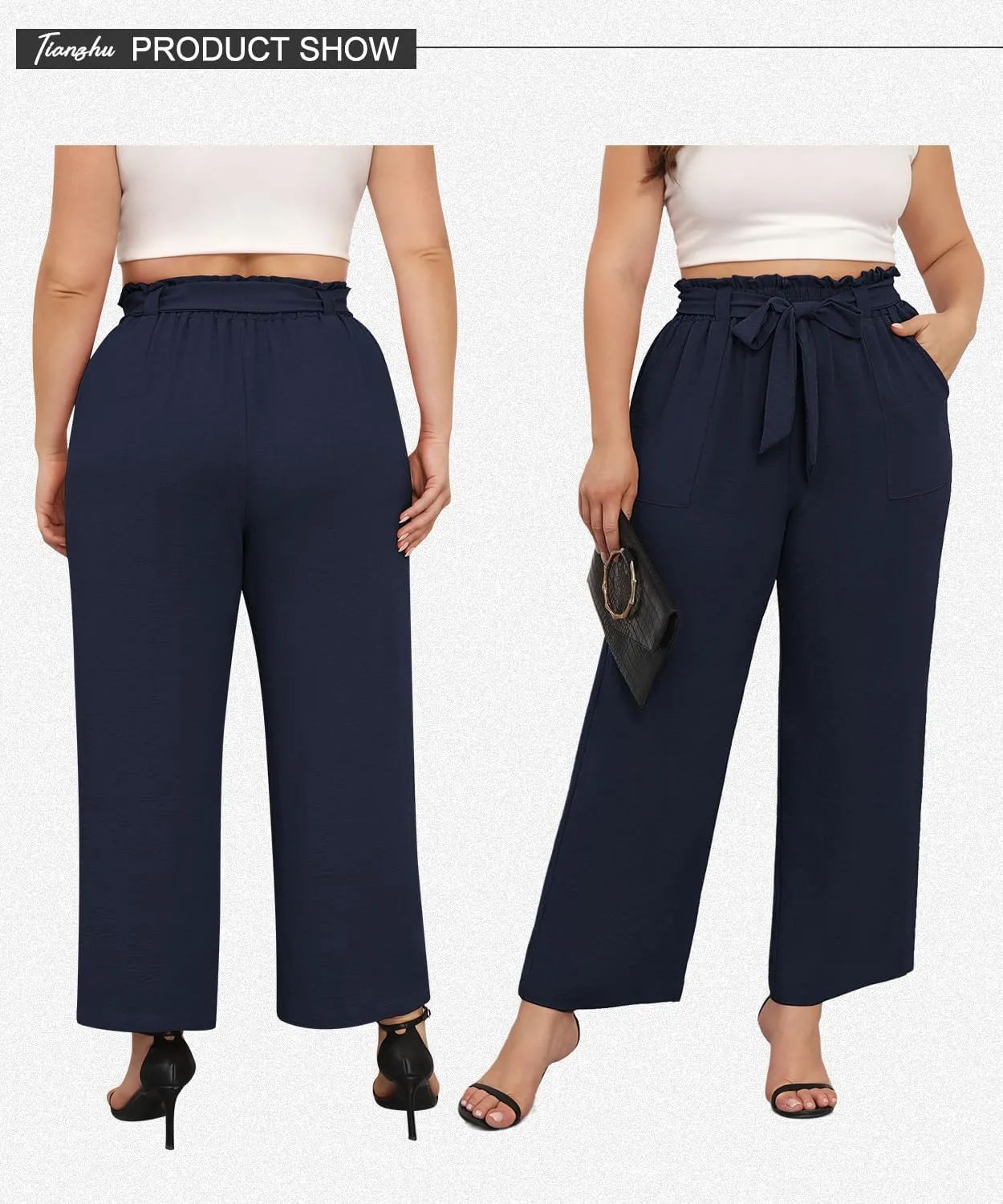 TIANZHU Plus Size Pants for Women - Wide Leg Linen Pants High Waisted Flowy Casual Lounge Trousers with Pockets