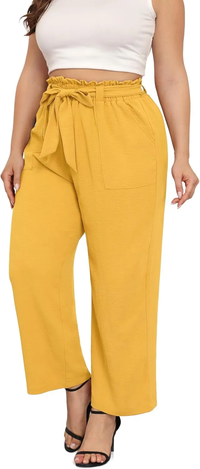 TIANZHU Plus Size Pants for Women - Wide Leg Linen Pants High Waisted Flowy Casual Lounge Trousers with Pockets