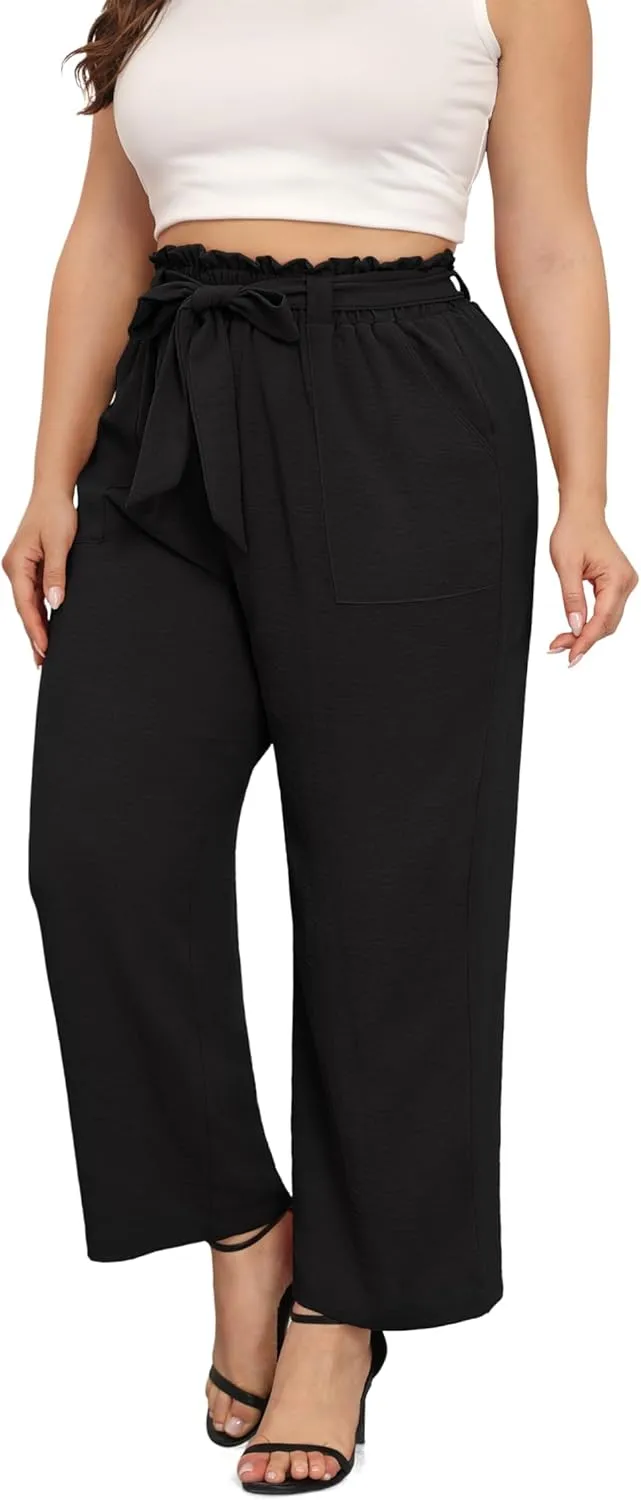 TIANZHU Plus Size Pants for Women - Wide Leg Linen Pants High Waisted Flowy Casual Lounge Trousers with Pockets