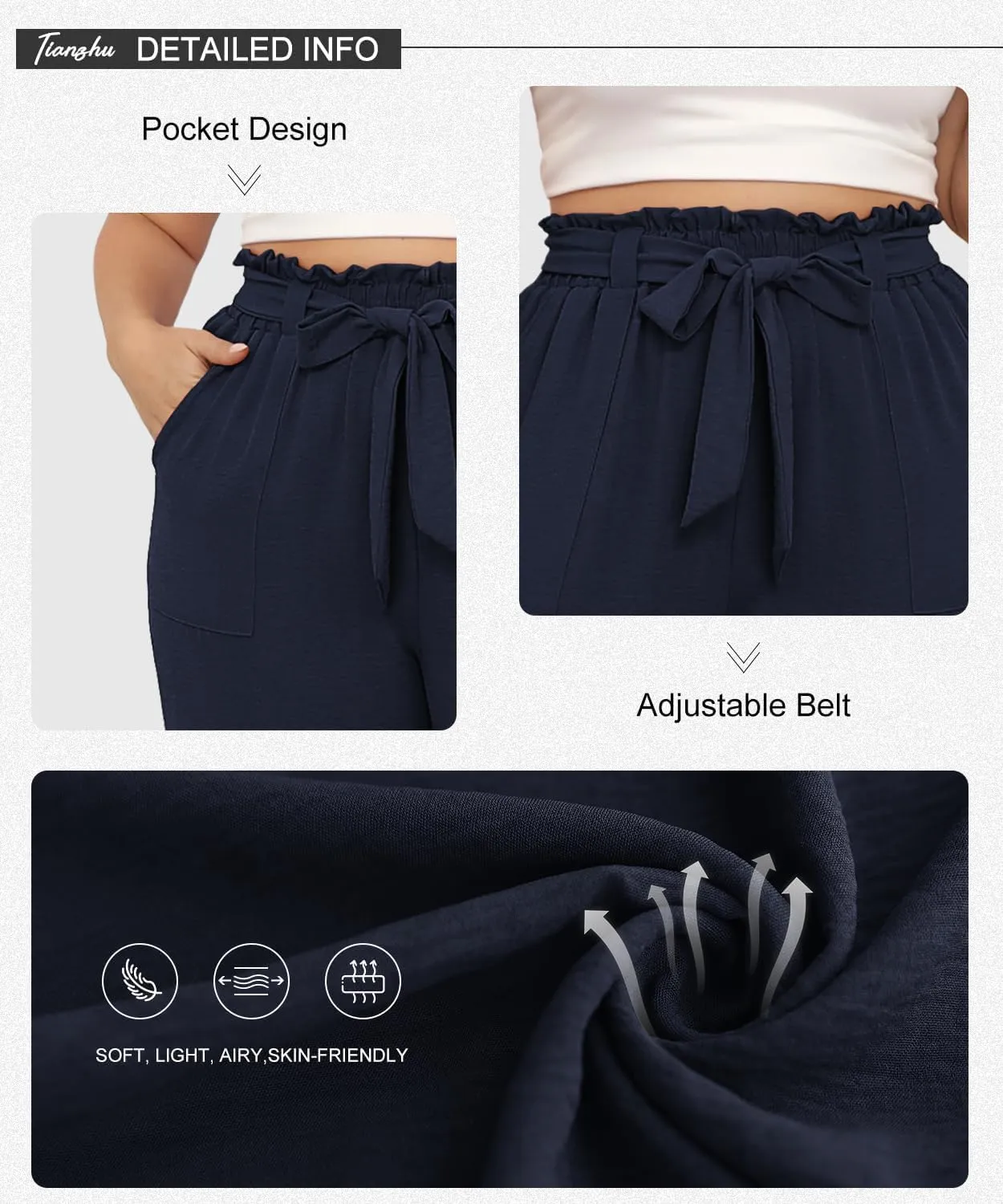 TIANZHU Plus Size Pants for Women - Wide Leg Linen Pants High Waisted Flowy Casual Lounge Trousers with Pockets