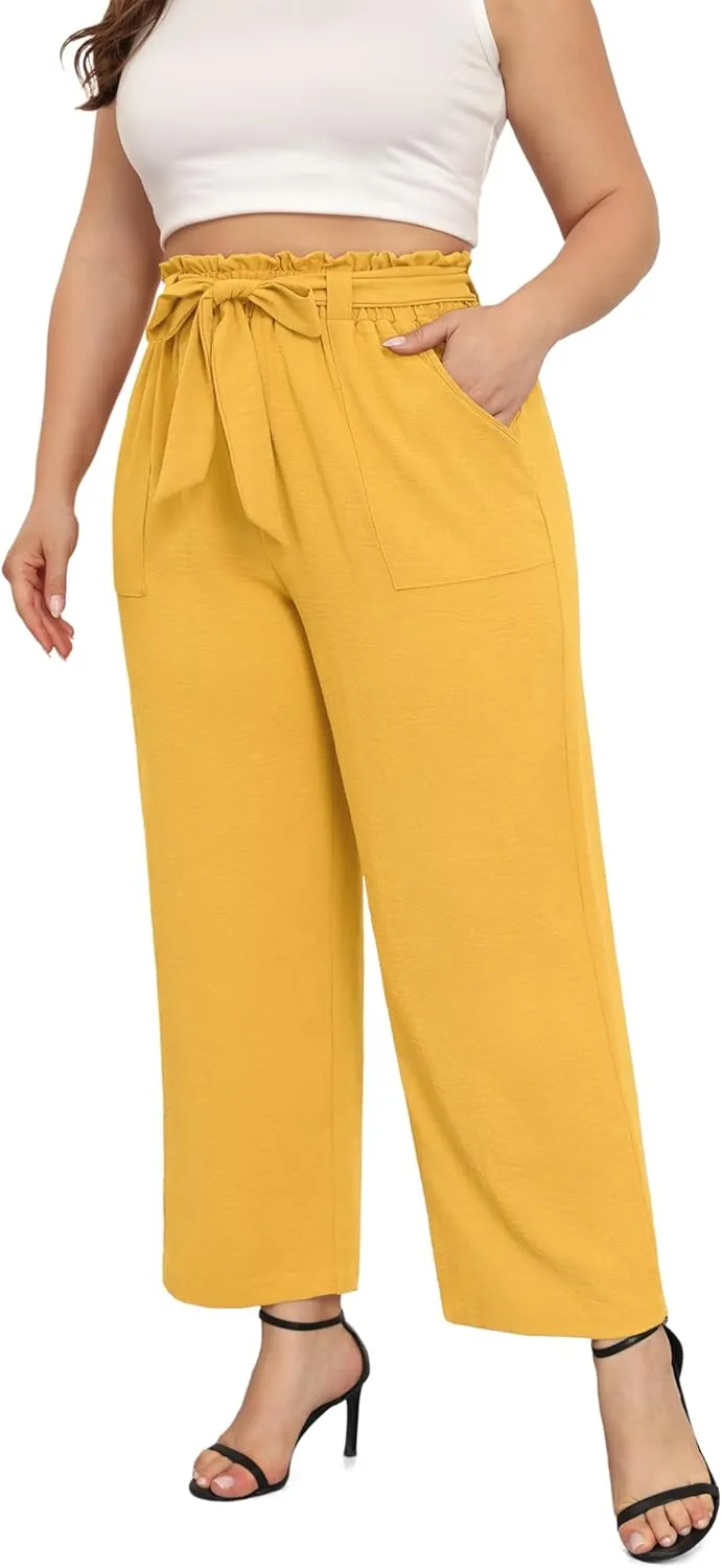 TIANZHU Plus Size Pants for Women - Wide Leg Linen Pants High Waisted Flowy Casual Lounge Trousers with Pockets