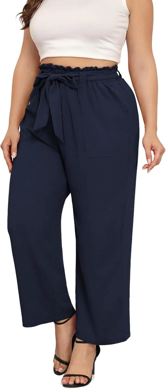 TIANZHU Plus Size Pants for Women - Wide Leg Linen Pants High Waisted Flowy Casual Lounge Trousers with Pockets