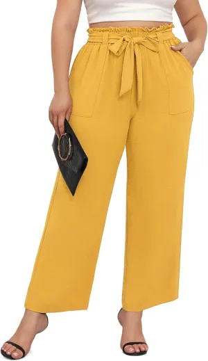 TIANZHU Plus Size Pants for Women - Wide Leg Linen Pants High Waisted Flowy Casual Lounge Trousers with Pockets