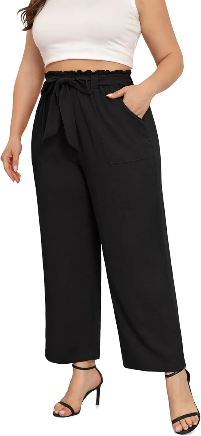 TIANZHU Plus Size Pants for Women - Wide Leg Linen Pants High Waisted Flowy Casual Lounge Trousers with Pockets