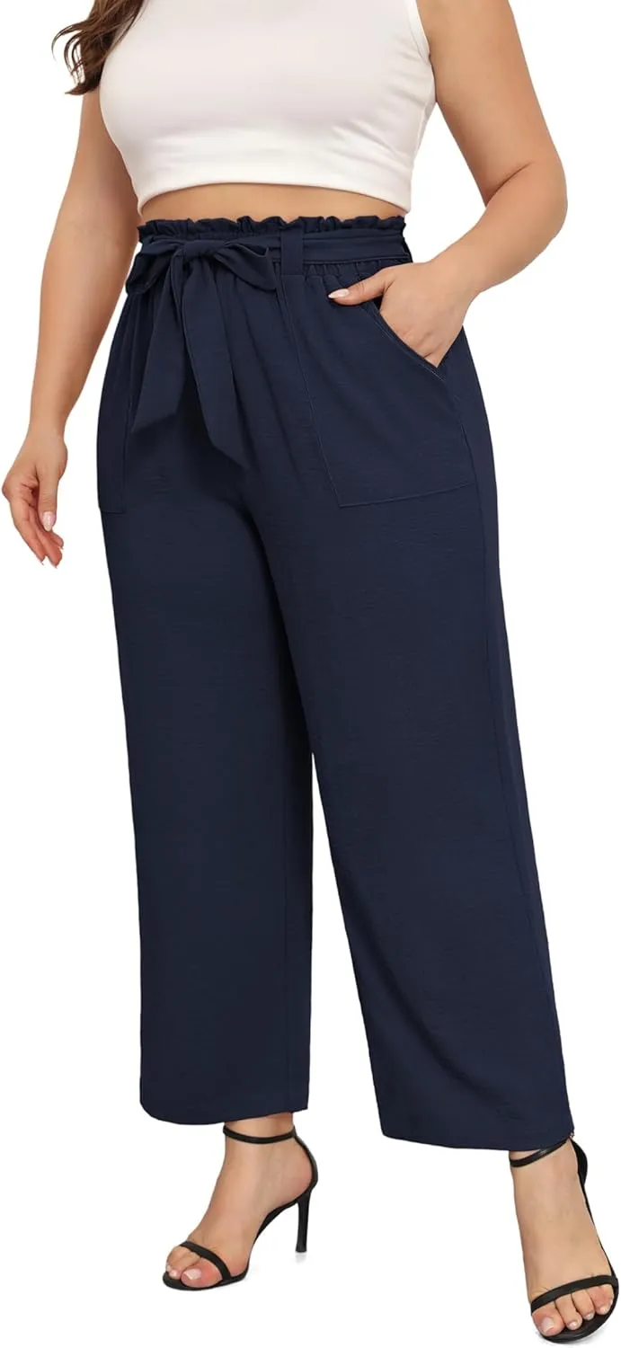 TIANZHU Plus Size Pants for Women - Wide Leg Linen Pants High Waisted Flowy Casual Lounge Trousers with Pockets