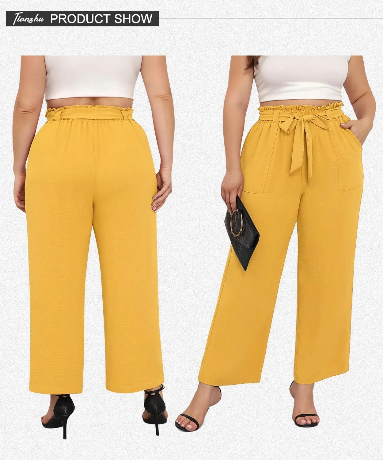 TIANZHU Plus Size Pants for Women - Wide Leg Linen Pants High Waisted Flowy Casual Lounge Trousers with Pockets