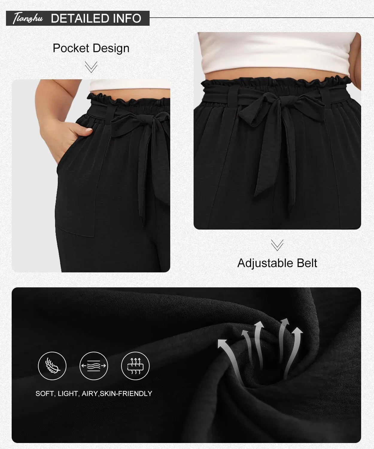 TIANZHU Plus Size Pants for Women - Wide Leg Linen Pants High Waisted Flowy Casual Lounge Trousers with Pockets
