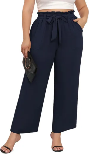 TIANZHU Plus Size Pants for Women - Wide Leg Linen Pants High Waisted Flowy Casual Lounge Trousers with Pockets