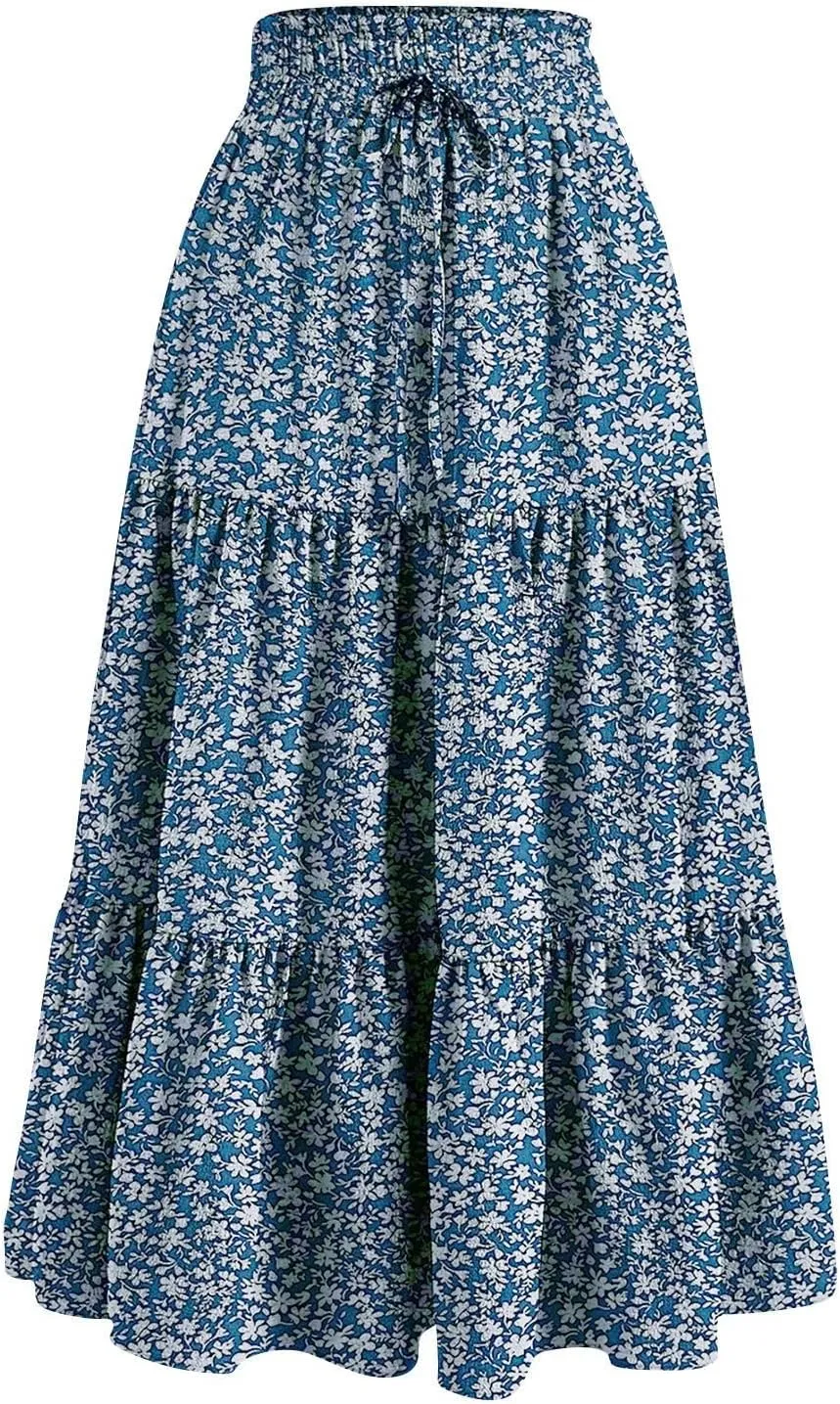 Tiered Maxi Skirts for Women Comfy Ruffle Hem Flowy Swing Long Skorts Elastic High Waisted Summer Cover Ups