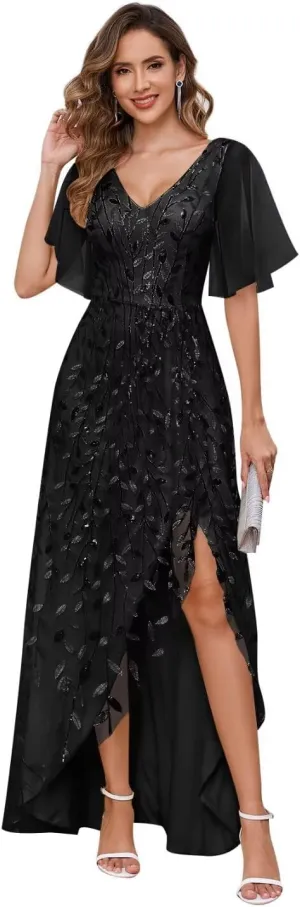TORYEMY Sequin Mother of The Bride Dresses for Wedding V Neck Short Sleeve Tulle Formal Evening Dresses Long with Slit