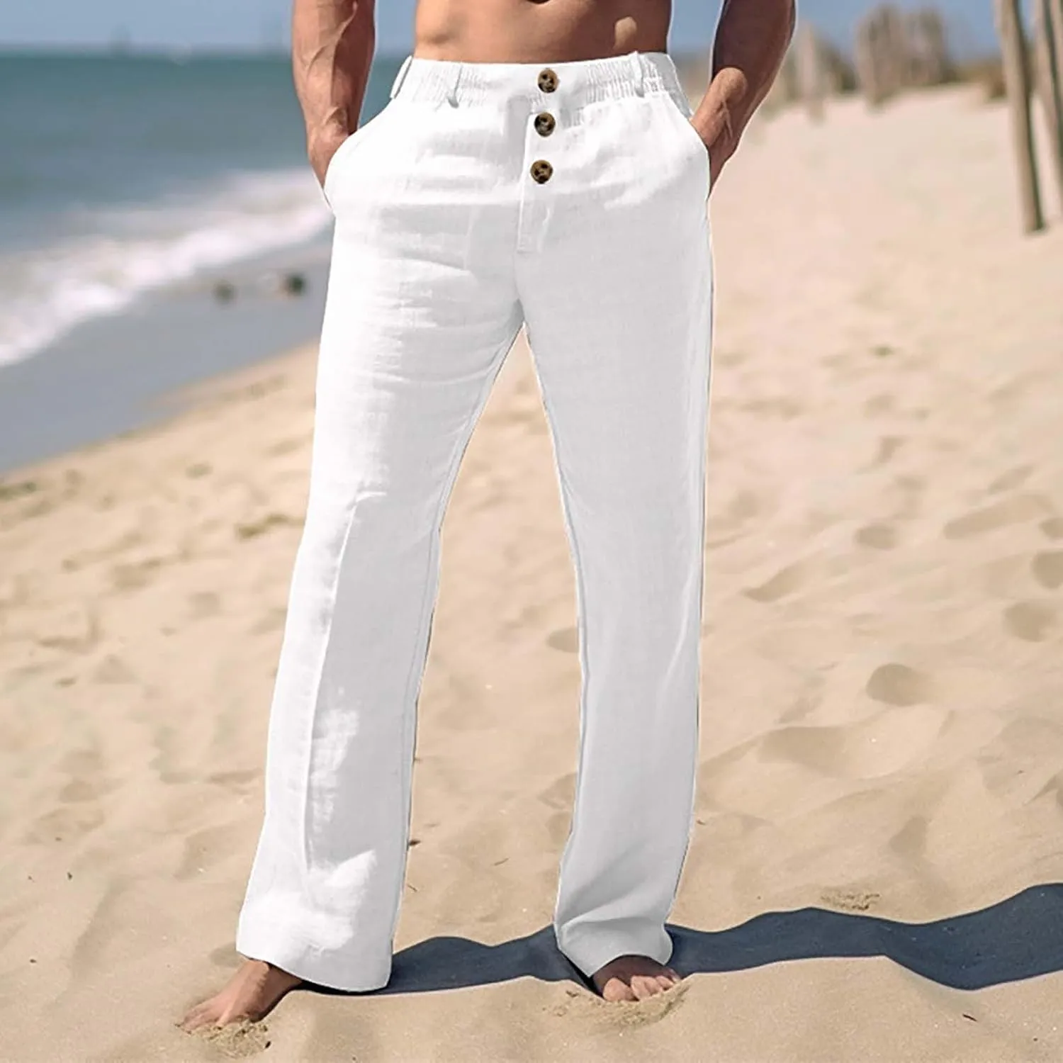Tready Cruise Wear for Men Linen Cotton Straight Wide Leg Casual Trousers Summer Breathable Beach Yoga Pant with Pockets