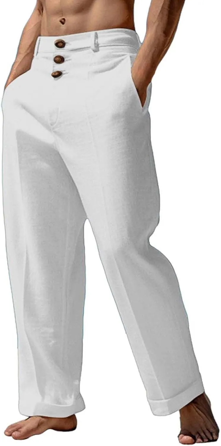 Tready Cruise Wear for Men Linen Cotton Straight Wide Leg Casual Trousers Summer Breathable Beach Yoga Pant with Pockets