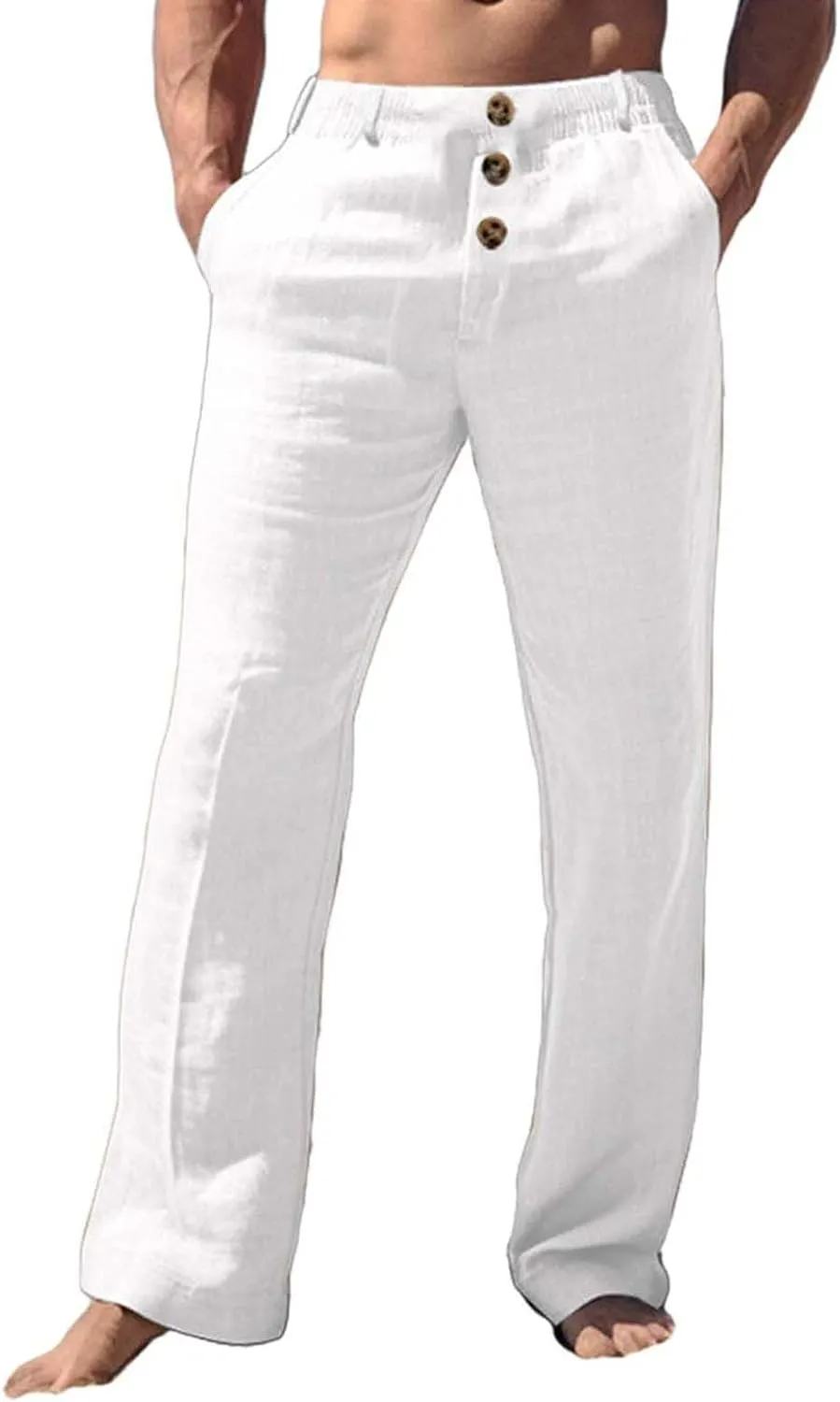 Tready Cruise Wear for Men Linen Cotton Straight Wide Leg Casual Trousers Summer Breathable Beach Yoga Pant with Pockets