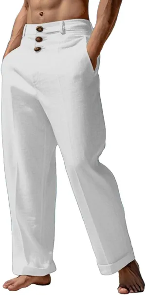 Tready Cruise Wear for Men Linen Cotton Straight Wide Leg Casual Trousers Summer Breathable Beach Yoga Pant with Pockets