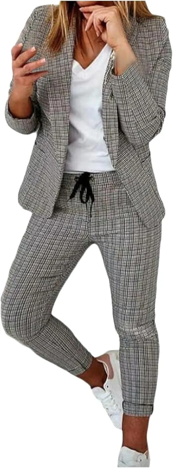 Two Piece Outfits for Women Long Sleeve Business Casual Jacket High Waist Slim Fit Long Pants Fashion Palid Suit Sets