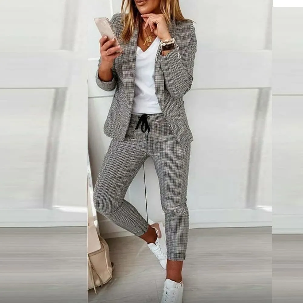 Two Piece Outfits for Women Long Sleeve Business Casual Jacket High Waist Slim Fit Long Pants Fashion Palid Suit Sets