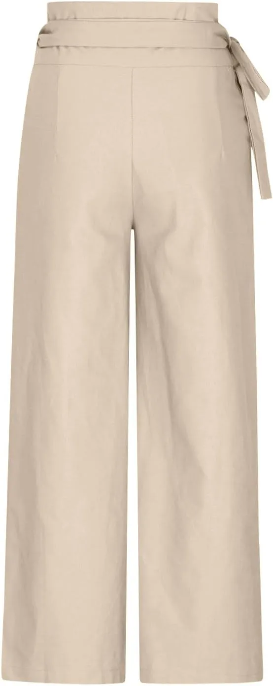 Uillui Dressy Casual Work Pants for Women Fashion Wrap High Waist Lace-Up Slacks Straight Leg Wide Leg Cotton Linen Trousers
