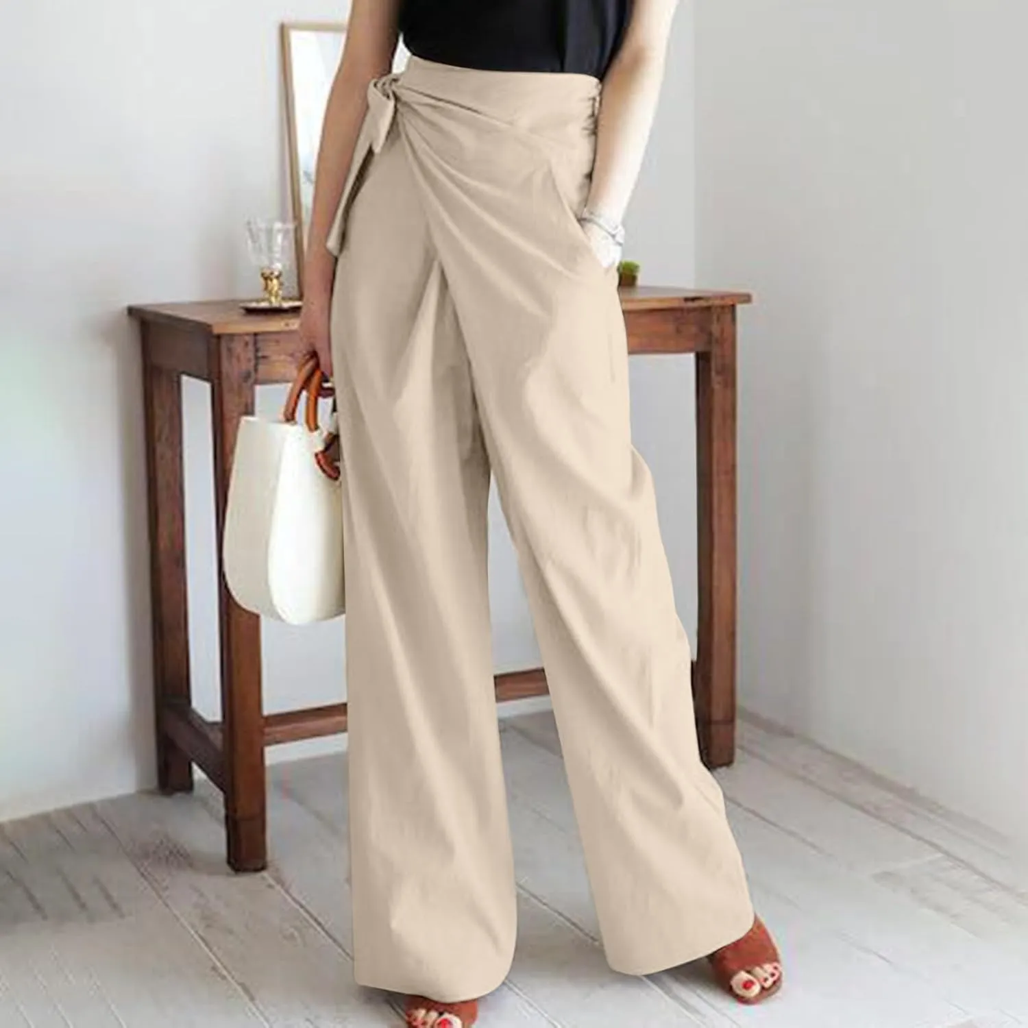 Uillui Dressy Casual Work Pants for Women Fashion Wrap High Waist Lace-Up Slacks Straight Leg Wide Leg Cotton Linen Trousers