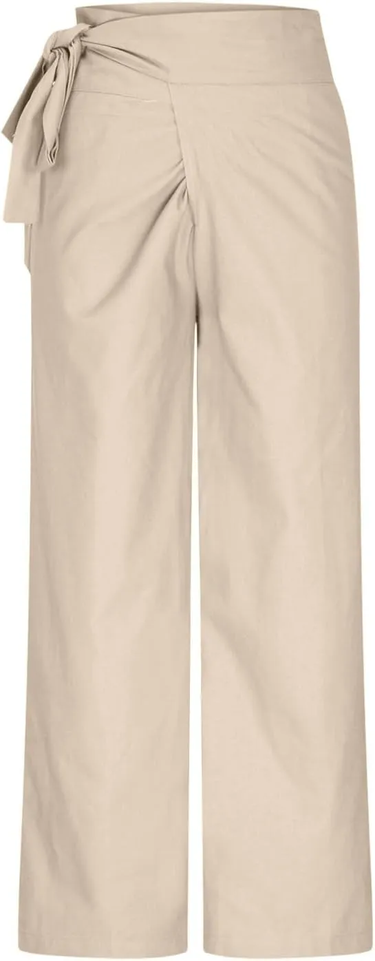 Uillui Dressy Casual Work Pants for Women Fashion Wrap High Waist Lace-Up Slacks Straight Leg Wide Leg Cotton Linen Trousers